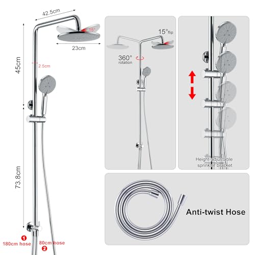 Uvish Stainless Steel Shower Riser Rail Kit with 9” Rain Shower Head, 180cm Hose, Handheld Shower, and 4 Spray Modes in Chrome - Image 2