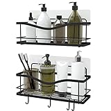  KINCMAX 2x Estanteria Ducha para Baño - Estantería con Adhesivo sin Taladro para Cocina o Baño - Estante Negro Organizador para el Interior de la Ducha con Ganchos para Accesorios