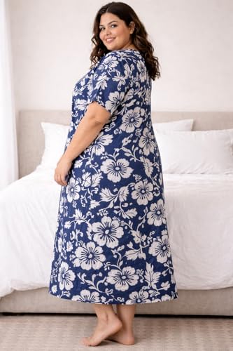 Image of OFEEFAN Women's Plus Size Cotton Nighty, Printed Full Length Maxi Night Gown, Soft Breathable Nightdress Sleepwear for Curvy Women, 3XL to 7XL