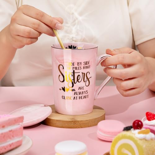 Sister Gifts - Sister Birthday Gifts Christmas Birthday Gift for Soul Sisters, 14Oz Pink Marble Ceramic Gold Print Coffee Mug with Spoon Lid Card, Nice Box - Image 6