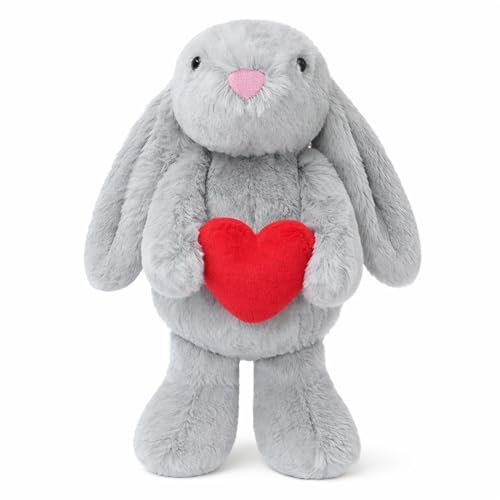 Aqushymallow Cow 8'' Bunny Stuffed Animal with Red Heart, Cute Plush Bunny Toy, Soft Rabbit Gift for Kids & Adults, Valentine’s Day, Christmas, Birthday, Anniversary (Light Gray)