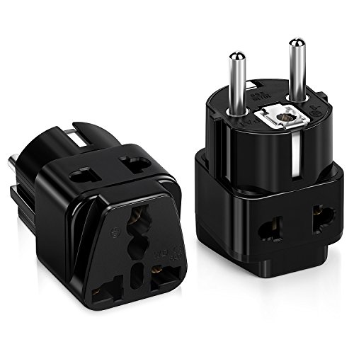 Universal European Schuko Plug, Travel Adapter, iSeekerkit 2Pack 250V/10A Dual Outlet Wall Power Charger Converter Adapter Type E/F USA Plug Kit to Germany,France,Schuko,Russia, Denmark,Iceland-Black