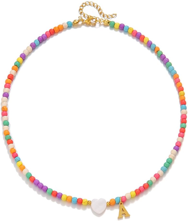 Initial Necklaces for Women Colorful Beaded Choker with Gold Plated A-Z Letter Pendant