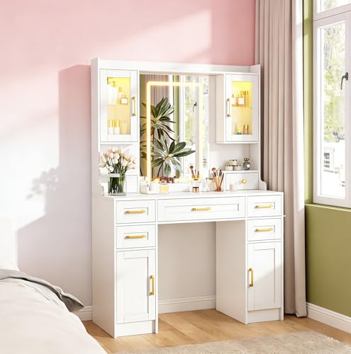 NUNU LAB 42.3 Inchs Large Vanity Desk with Mirror and Lights