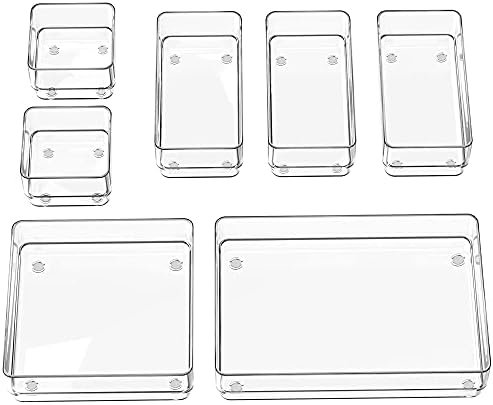 SMARTAKE 7-Piece Drawer Organizer with Non-Slip Silicone Pads, 4-Size Desk Drawer Organizer Trays Storage Tray for Makeup, Jewelries, Utensils in Bedroom Dresser, Office and Kitchen (Clear)