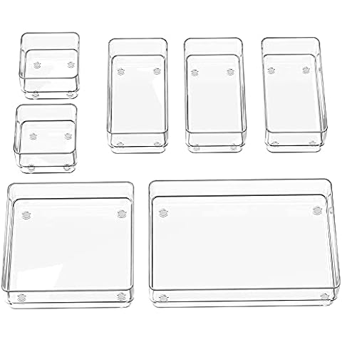 SMARTAKE 7-Piece Drawer Organizer with Non-Slip Silicone Pads, 4-Size Desk Drawer Organizer Trays Storage Tray for Makeup, Jewelries, Utensils in Bedroom Dresser, Office and Kitchen (Clear) Cover