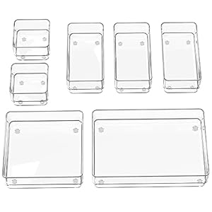 SMARTAKE 7-Piece Drawer Organizer with Non-Slip Silicone Pads, 4-Size Desk Drawer Organizer Trays Storage Tray for Makeup, Jewelries, Utensils in Bedroom Dresser, Office and Kitchen (Clear)