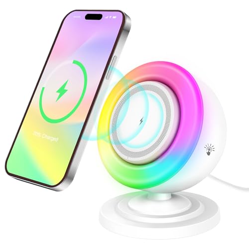 4 in 1 Night Light Bluetooth Speaker with 15W Magnetic Wireless Charger, Touch Dimmable RGB Lights...