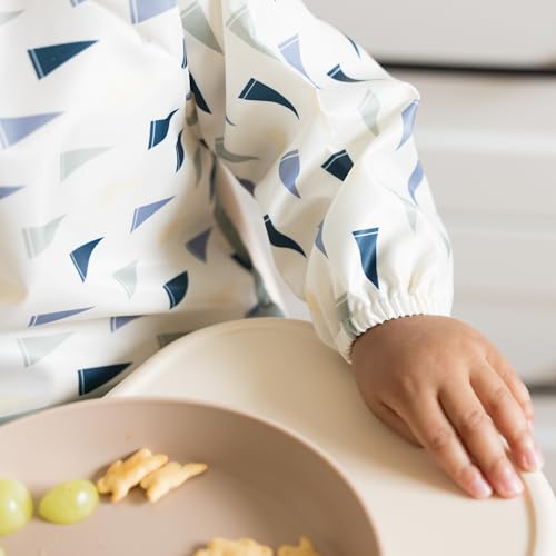Image of Tiny Twinkle Long Sleeve Bib for Babies & Toddlers | Waterproof Smock Bib for Eating | Machine Washable & Mess-Proof Feeding Essentials | Newborn Shower Gift (Varsity Flags, Small 6-24 Months)