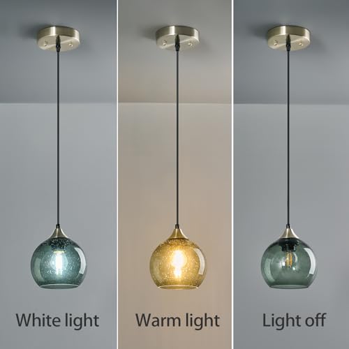 Image of Gray Green Glass Pendant Lights Kitchen Island Lighting Globe Pendant Light Fixtures Modern Pendant Lighting for Kitchen Island Bedroom Living Dining Room Light Fixture(5.9in, 2-Pack)