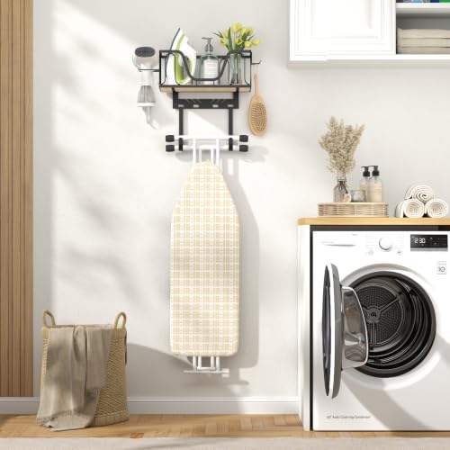 Ironing-Board-Hanger-2-in-1-Wall-Mount-Over-the-Door-with-High-Sided-Basket-and-Side-Hooks-Fits-T-and-Y-Shaped-Legs-Space-Saving-Iron-Holder-for-Laundry-Sewing-Room-Decor-and-AccessoriesBlack
