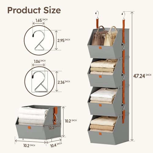 Image of Homsorout Hanging Closet Organizer 4 Tier - Clothes Hanging Shelves, Space-Saving Closet System, Fabric Storage Bins Bedroom Organization, Collapsible Baskets for Home, Dorm, Rv, Grey