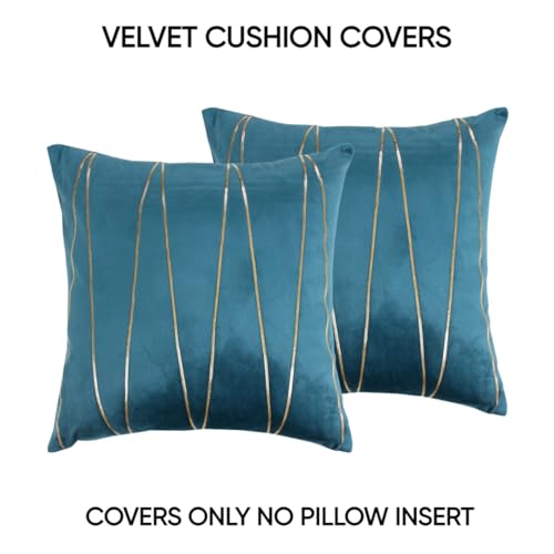 Image of Amazon Brand - Umi Gold Leather Striped Pack of 2 Throw Pillow Covers Velvet Decorative Cushion Covers Cases for Sofa Bedroom Livingroom Car 14 x 14 in Deep Teal Color