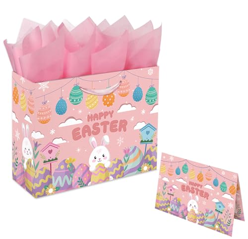 ECLAVIOS 13' Large Easter Gift Bag with Handle and Tissue Paper, Bunny & Egg Easter Baskets Bag for Kids(pink)