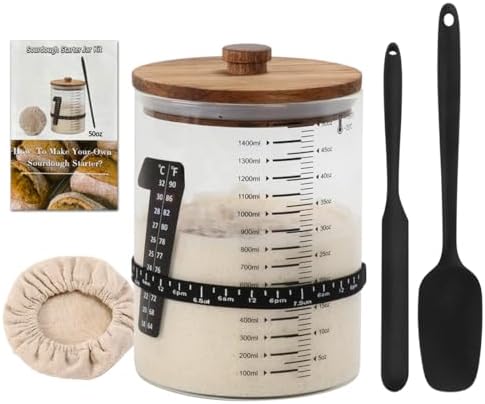 50oz Sourdough Starter Jar Kit with Glass Jar Black Silicone Scraper Feeding Date Marked Band and Thermometer Silicone Spoon Sourdough Bread Baking Supply