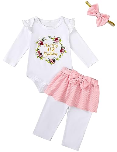 Image of Aslaylme Baby Girl Half Birthday Clothes Outfit It's My 1/2 Birthday Floral Skirt Set
