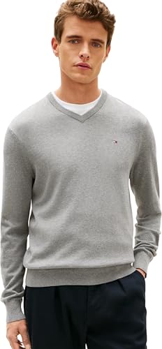 Tommy Hilfiger Uomo Pullover Essential Cotton Scollo a V, Grigio (Medium Grey Heather), XS