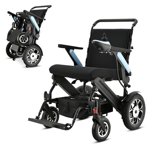 CUIOT 25 Miles Long Travel Range- Lightweight Electric Wheelchair for Adults- Foldable All Terrain Motorized Wheelchairs for Seniors - 2X250w Power Wheel Chair with Flip-Back Armrest -Travel Size,Blue
