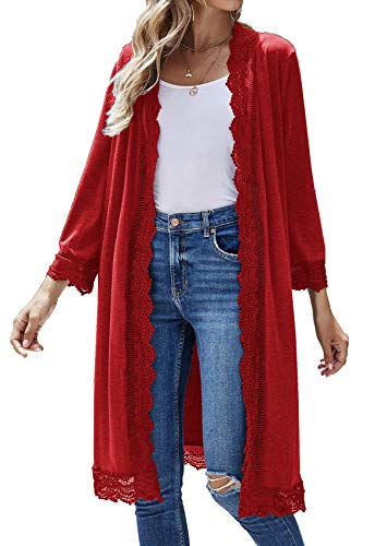 Cardigans For Women Summer 3/4 Short Sleeve Open Front Light Cardigan Sweater Red L #TOP7