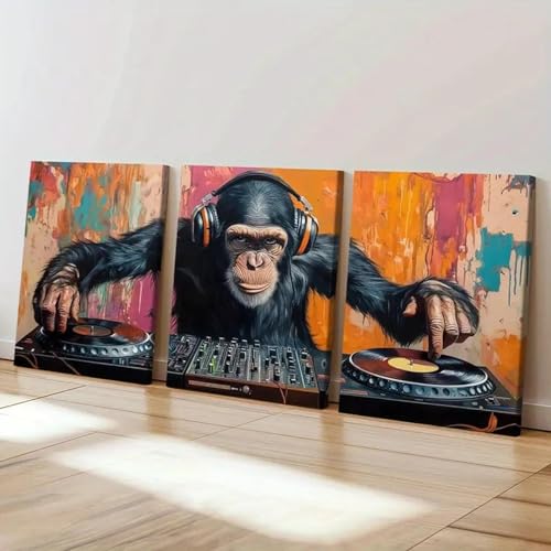 Affiche singe DJ musique - Lot de 3 décorations murales modernes 70x90 cm pour chambre