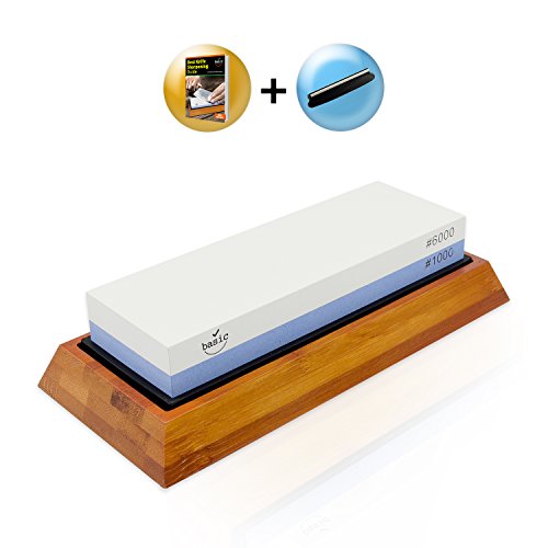 Knife Sharpening Stone Kit - Japanese Whetstone Set 2 Sided 1000/6000 - Best Professional Knife Sharpener w/Non-Slip Silicone Lined Bamboo Base, Angle Guide, Video Training - By Basic Item