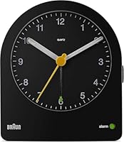 Braun Classic Analogue Alarm Clock with Snooze and Continuous Backlight, Quiet Quartz Movement, Crescendo Beep Alarm in Black, model BC22B.