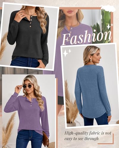 Riyiper 3 Pack Women's Long Sleeve Henley Tops, V Neck Button Up Tunic Top Casual Shirts Loose Fit T Shirts Pullover Tunics4