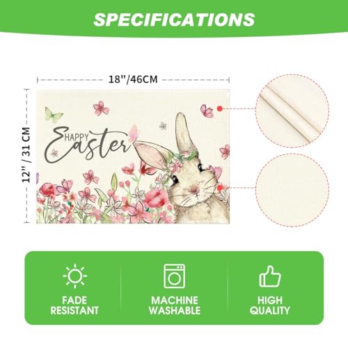 Artoid Mode Floral Bunny Rabbit Easter Placemats Set of 4, 12x18 Inch Seasonal Spring Table Mats for Party Kitchen Dining Decoration by Artoid Mode - Image 6