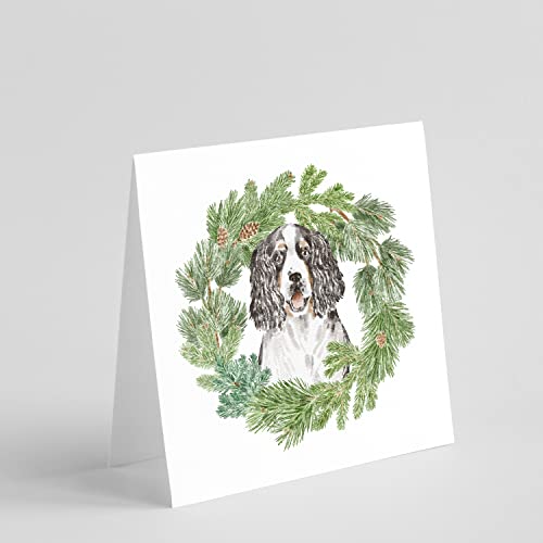 Caroline's Treasures CK8915GC55 English Springer Spaniel Tricolor Christmas Wreath Square Greeting Cards and Envelopes Pack of 8 Blank Cards with Envelopes Blank Thank You Note Greeting Cards Statione