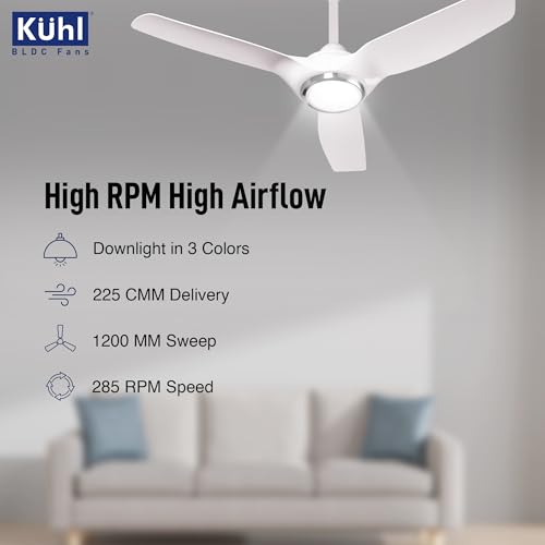 Image of KUHL Meridian M1 1200MM 65% Power Saving BLDC Ceiling Fan With Remote | BEE 5 Star Rated & ISI Marked | High Air Flow | Down Light & Reverse Mode | 5 Year Warranty on Motor | Free Installation |White