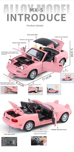 Image of 1:24 Mazda Miata MX-5 Diecast Model Car - Pull Back Metal Sports Toy Car with Light & Sound, Openable Doors - Collectible Toy Gift for Kids & Adults (Pink)