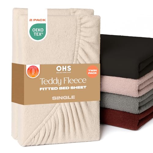 Brentfords 2 Pack Single Bed Sheets, Soft Warm Thermal Teddy Fleece Fitted Sheet Deep Pocket 25cm Fade Resistant Cuddly Cosy Fluffy Teddy Bear Bedding Single 2 Pack, Cream Beige