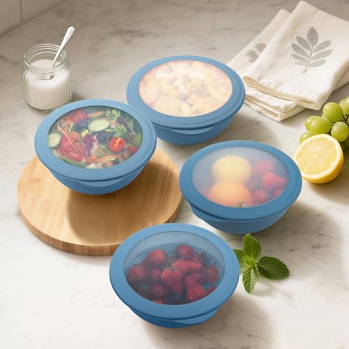 Image of 40 OZ Bowls Set of 4, Unbreakable Lightweight Bowls Set with Lid, Microwave & Dishwasher Safe Lunchable Containers, Plastic Reusable Cereal Bowl for Soup, Salad, Noodle, Snack, Fruit, Blue