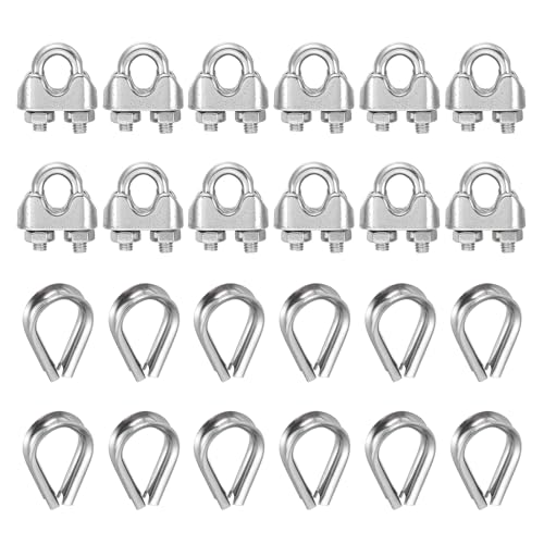 sourcing map Juego de 12 abrazaderas de clip de cable de cuerda de alambre de 5/32 pulgadas M4 pequeñas de acero inoxidable 304 con dedal para aparejos seguros para tendedero, color plateado