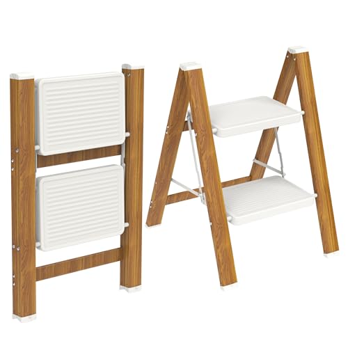 HBTower Step Ladder,Lightweight Aluminum Folding Step Stool with Anti-Slip Wide Pedal,330lbs Capacity Step Ladder for Household,Kitchen,Office - WhiteWoodgrain