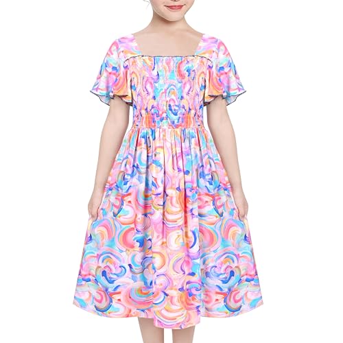 Sunny Fashion Girls Dress Rainbow Colorful Swirl Tie Dye Ruffle Square Neck Casual