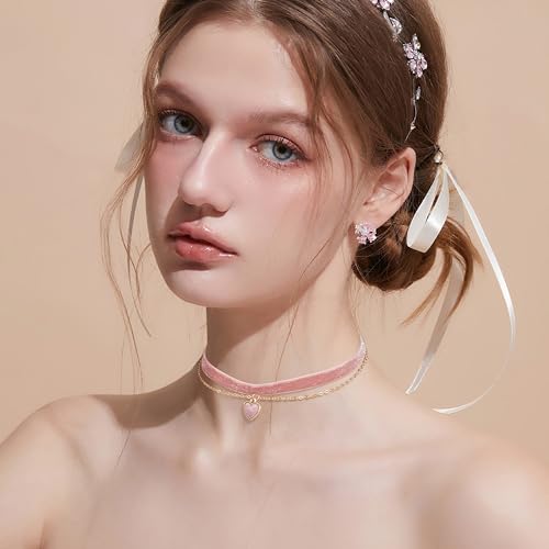 Heveer Samt Halskette Halsband Doppellagige Halskette mit Herz-Anhänger Verstellbare Gothic Choker für Damen Mädchen Rosa