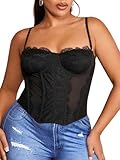 SHENHE Women's Plus Size Bustier Lace Trim Mesh Slim Fitted Sexy Crop Camisole Top Black 3XL