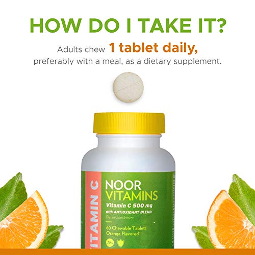 Noor Vitamins 500 Mg Halal Vitamin C Chewable Tablets + Rose Hips And Antioxidants I Supports Immune System I Vegan, Gluten Free & Halal Vitamin 60 Orange Flavored Chewable Tablets I 2 Month Supply #TOP7