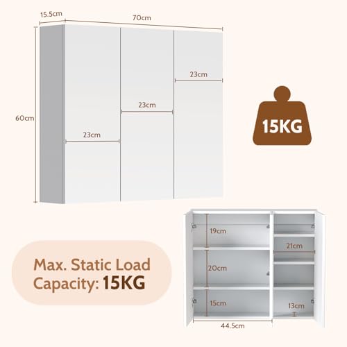 Miniatura 2 de Hollyhome Armario De Baño Con Espejo De 3 Puertas Con Espejo, Armario De Pared Con Estante Ajustable, 700 Mm X 600 Mm, Color Blanco