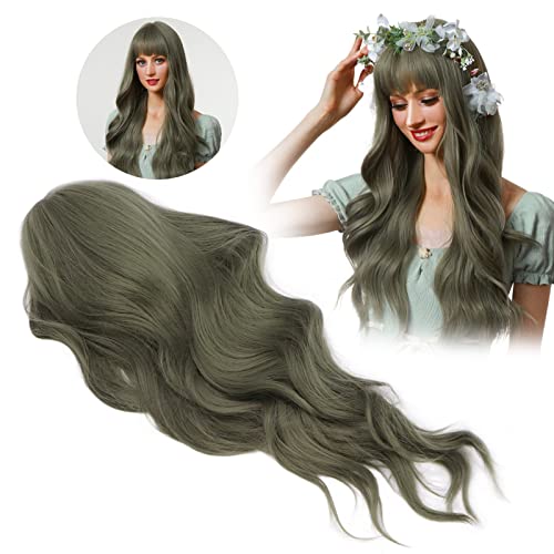 Cabelo Sintético, Cabelo Macio Verde, Pronto Para Usar Peruca Ondulada, Peruca De Fibra Sintética Re