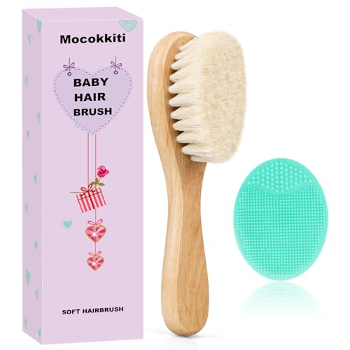 Mocokkiti Baby Hair Brush, Goat Bristles Brush and Baby Cradle Cap Brush Set for Cradle Cap Wood Bristle Brush for Newborns and Toddlers (2 Piece)