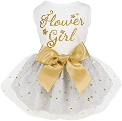 Fitwarm Flower Girl Fancy Dog Tulle Dress, Formal Pet Wedding Attire, Sparkly Dog Clothes for Small Dogs Girl, Cat Bride Bridesmaid Outfit, White, Golden, Medium