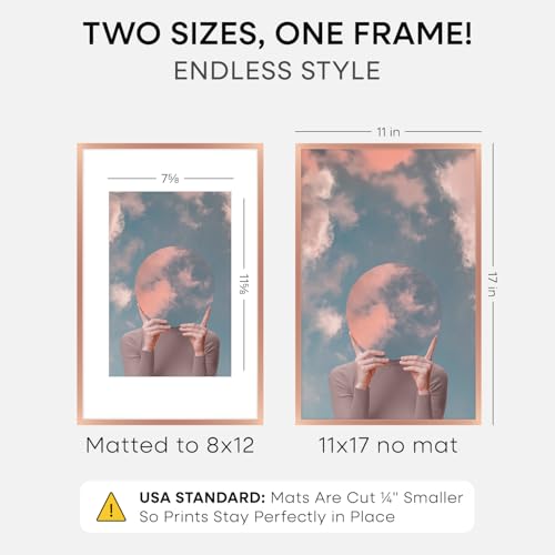 Image of Homeforia 11x17 Picture Frame Rose Gold, High End Metal 11x17 Poster Frames with Mat 8x12 Photo, 11 x 17 Rose Gold Frames Matted to 8 by 12 Print, 17x11 Thin Frames, Tempered Glass, Wall Kit, Set of 1