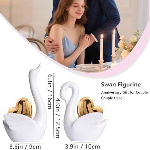 XMGZQ 2pcs White Ceramic Swan Couple Figurines,Elegant Swan with Gold Heart Statue,Wedding Gifts for Couples 2025,Mini Couple Statues Gifts for Newlyweds,Bedroom Dresser Shelf Decor Knick Knacks - Image 4