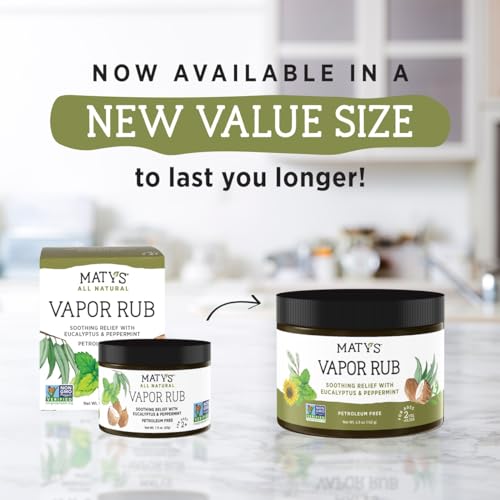 Image of Matys Vapor Rub for Adults & Kids 2 Years Old +, Non-GMO Herbal Chest Rub to Clear Stuffy Noses, Relieve Cough & Congestion, Petroleum Free, Gluten Free with Eucalyptus & Peppermint, NEW 4.5 oz tub