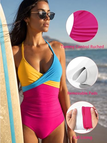 Image of B2prity Women's One Piece Swimsuit Tummy Control Front Cross Bathing Suit | Slimming Ruched ,Tie Back,Wrap Front,Adjustable Straps,Soft Removable Cups for beach, pool and vacation wear