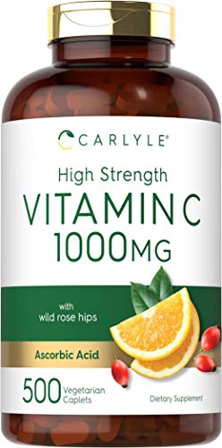 High Strength Vitamin C 1000mg | 500 Caplets | Ascorbic Acid with Wild Rose Hips | Non-GMO and Gluten Free | by Carlyle