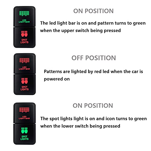 Image of Led Light Bar and Spot Lights Push Button Switch with Connector Red & Green Backlit Push Switch Replacement for Toyota FJ Cruiser 4Runner Tacoma 3Amp /12V (1.54'' X 0.83'')