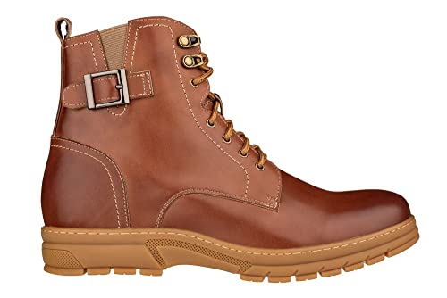 TOTO Men's Invisible Height Increasing Elevator Shoes - Light Brown Premium Leather Lace-up Combat Style High-Top Boots - 2.8 Inches Taller - K16205 - Size 9 D(M) US2